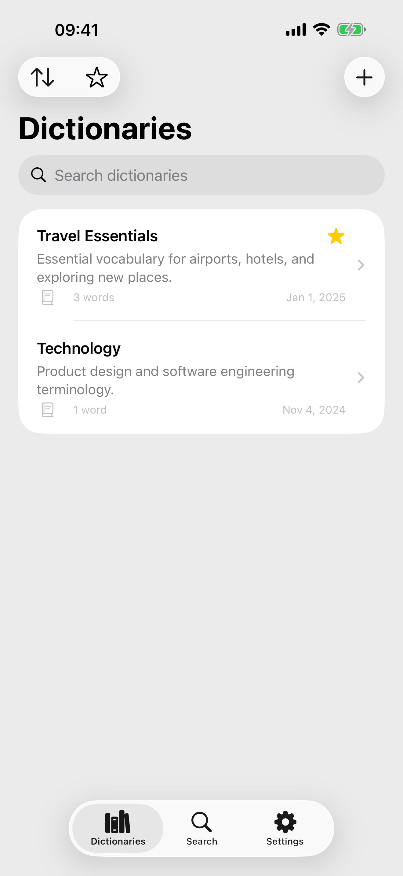 Topical Dictionary showing two saved dictionaries on an iPhone
