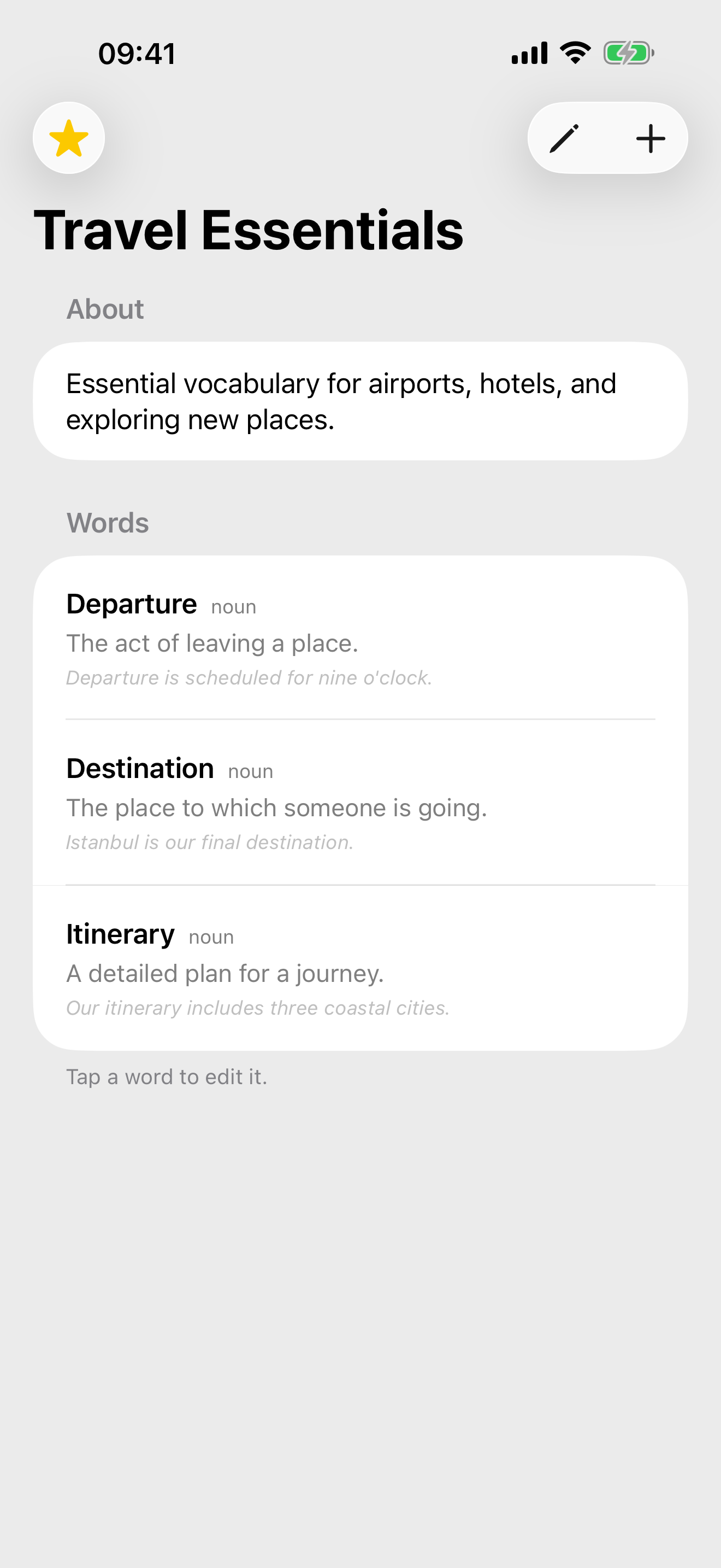Topical Dictionary showing a Travel Essentials dictionary and its saved words