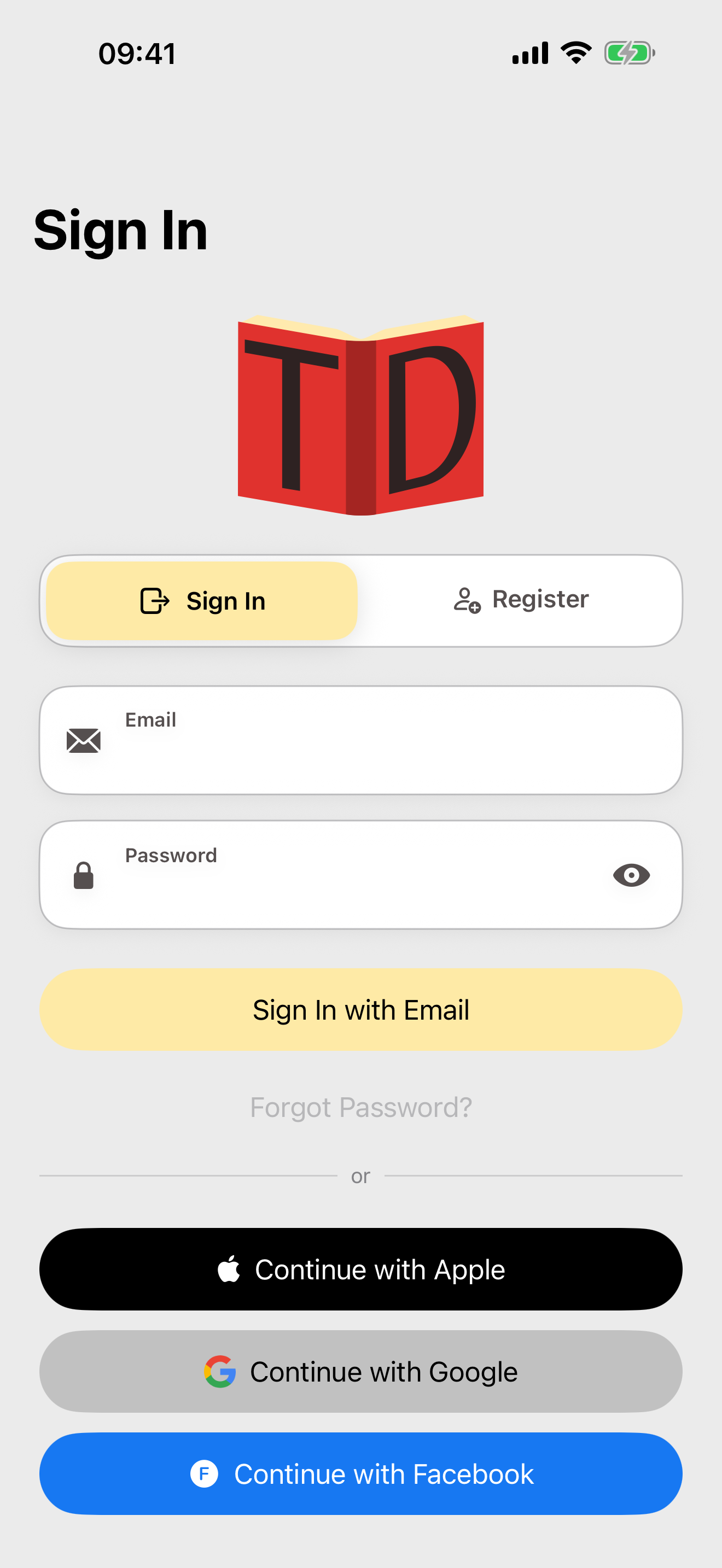Topical Dictionary sign-in screen with email and social options